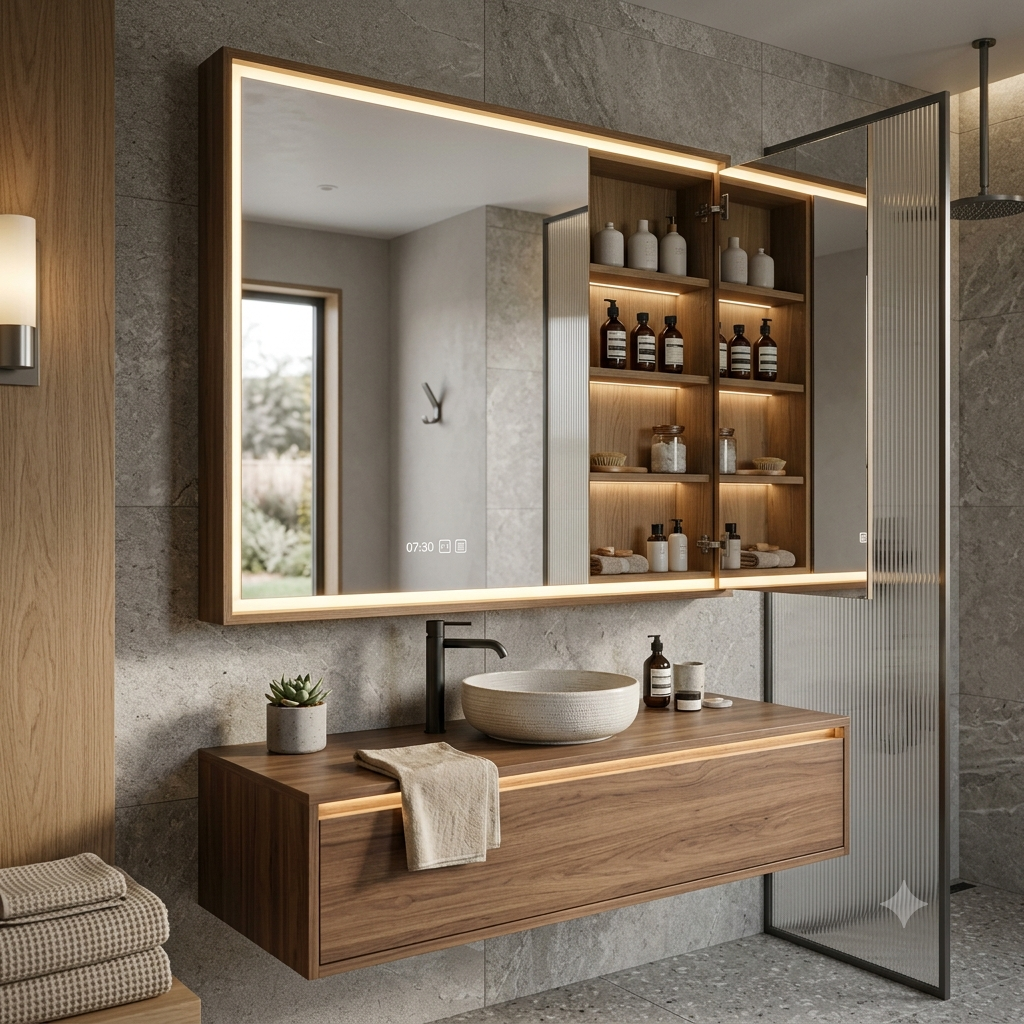 Mirror with integrated smart storage behind frame, a decorative full-length mirror whose entire backing surface opens to reveal concealed compartment doors -- every panel conceals a separate storage chamber for jewelry, watches and personal essentials